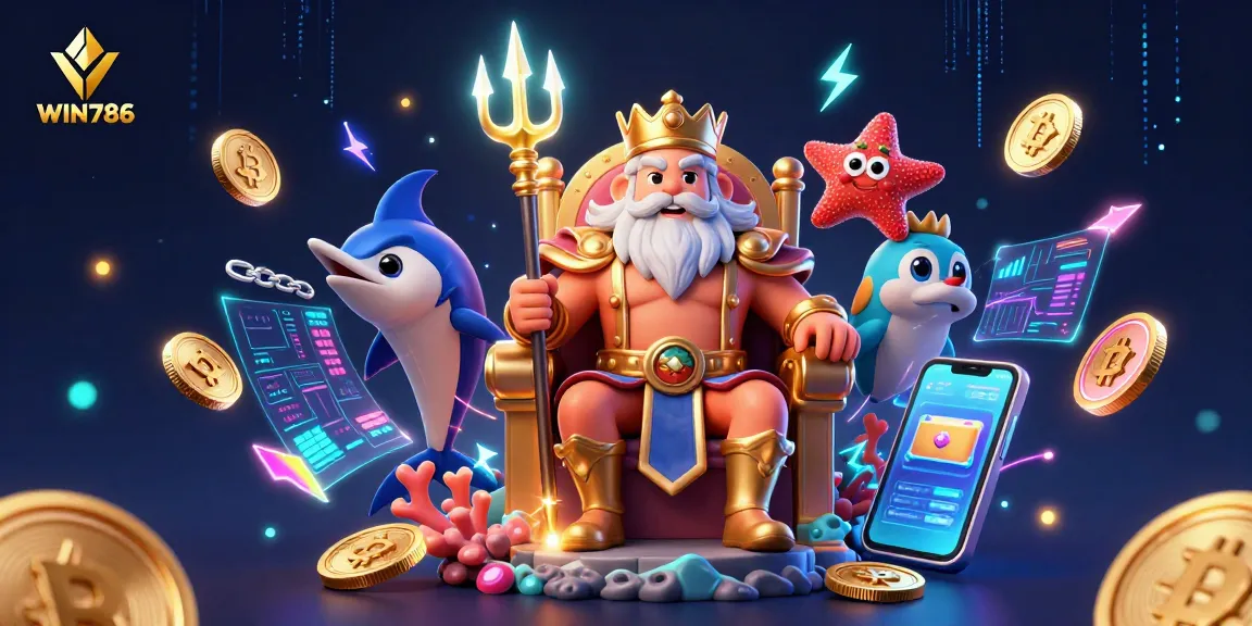 Bet on WIN786 with vibrant casino-themed 3D elements featuring Neptune, crypto coins, and gaming icons.