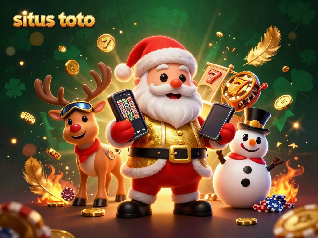 Situs toto celebrates casino joy with Santa and friends surrounded by vibrant slot game elements.