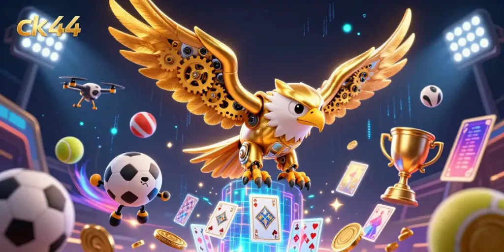 Experience thrilling action with the ck44 illustration featuring a golden eagle amidst dynamic gaming elements.