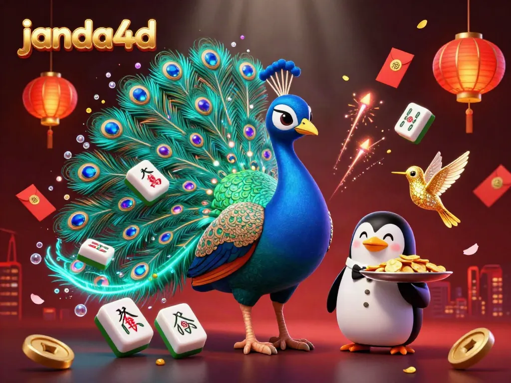 Taruhan bola di janda4d dengan merak dan penguin di kasino yang megah.