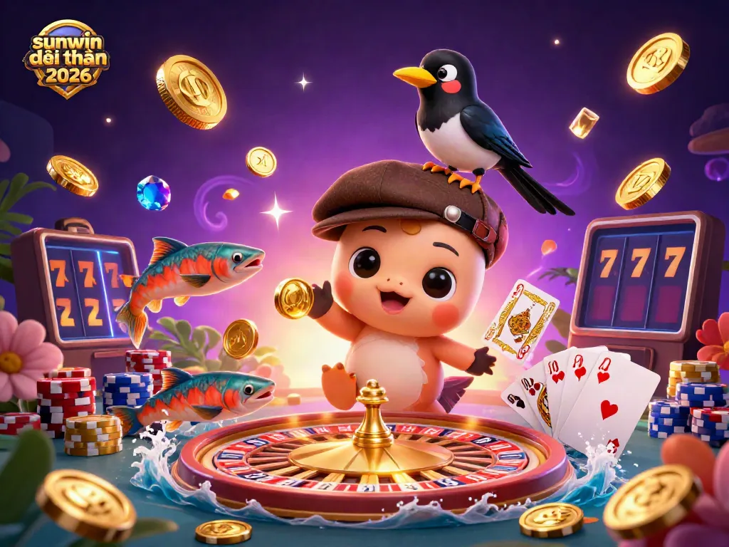 Engage with the lively world of sunwin đổi thưởng 2026 highlighted by a charming Nessie in a casino scene amidst golden coins and gaming elements.