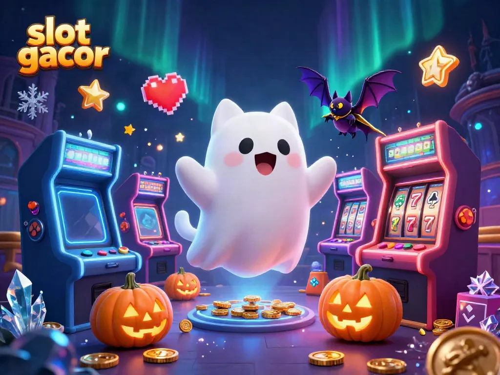 Slot gacor menampilkan kucing hantu berfloat di kasino berhantu dengan mesin slot, melambangkan keberuntungan.
