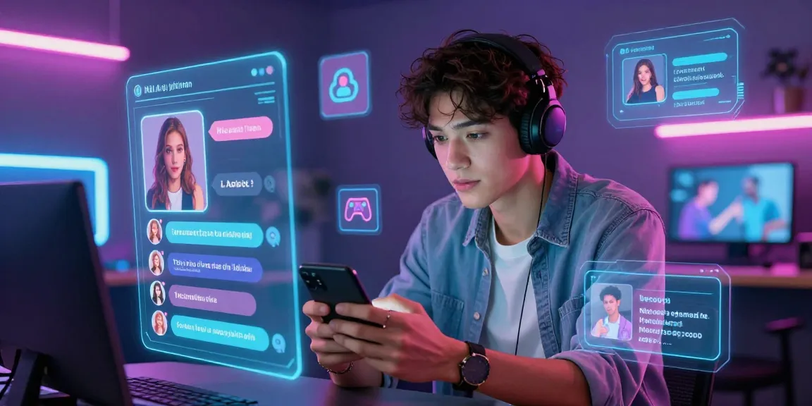 NSFW AI girlfriend chat interface with vibrant holographic elements in digital space.