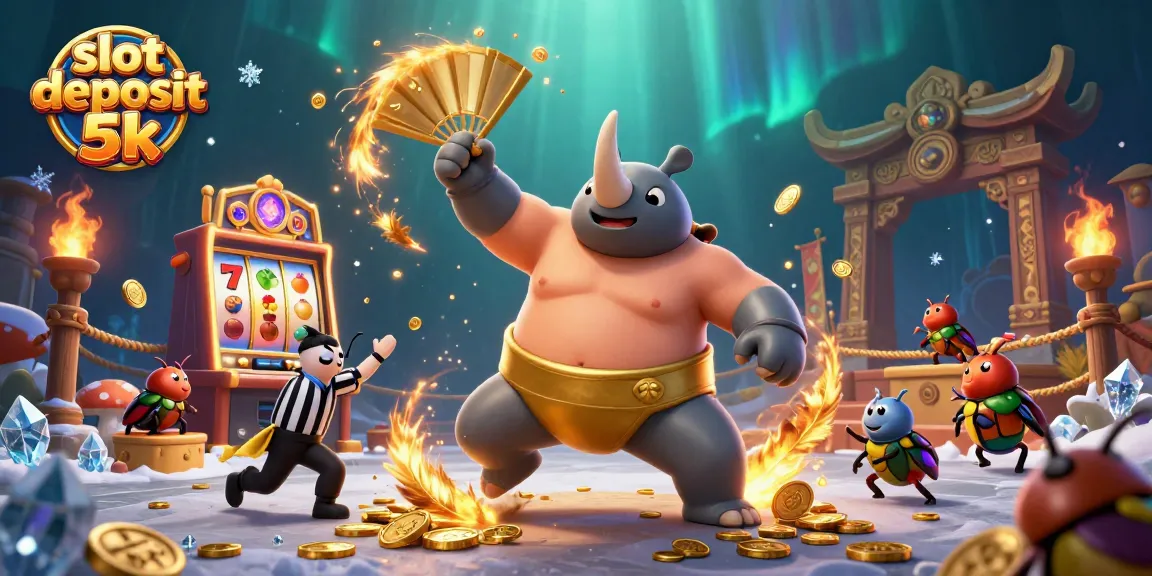 Experience the excitement of slot deposit 5k with a dynamic illustration of a rhinoceros beetle champion sending coins flying.