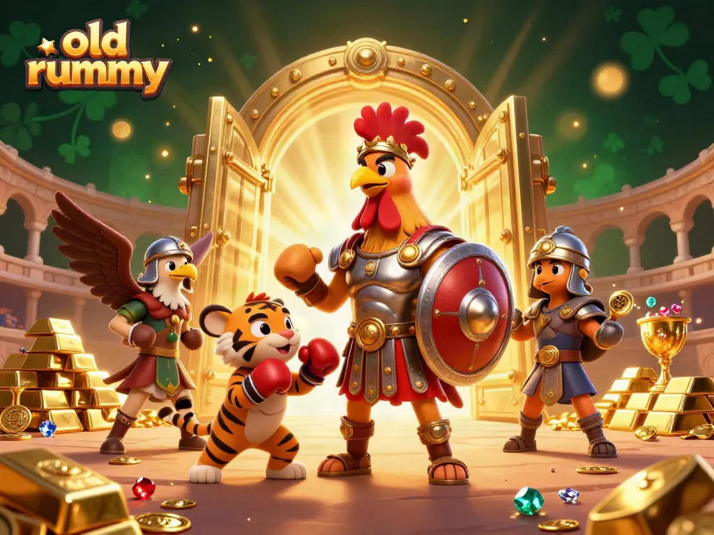 Permainan rummy lama dengan ilustrasi kartun 3D dari karakter jagoan di arena, dikelilingi harta karun.