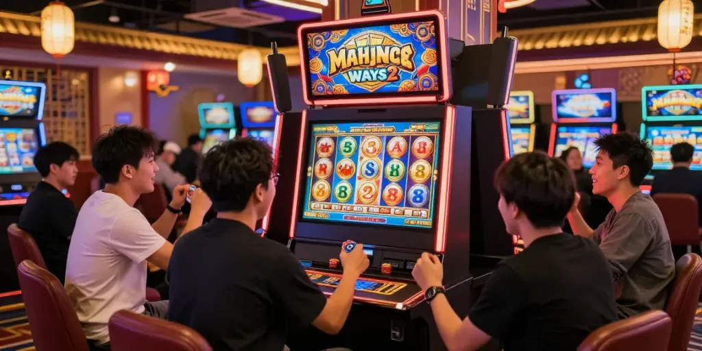 Slot mesin Mahjong Ways 2 dengan pemain bersemangat merayakan kemenangan di kasino.