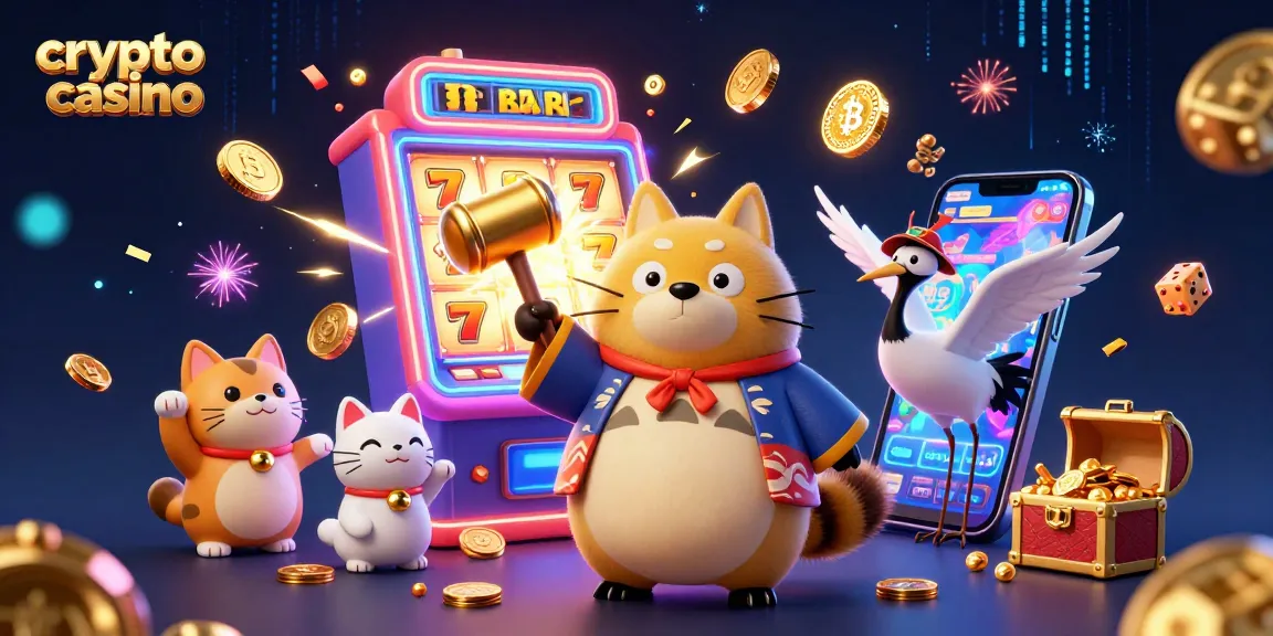 Engaging illustration of a crypto casino featuring vibrant tanuki, lucky cats, and casino elements.