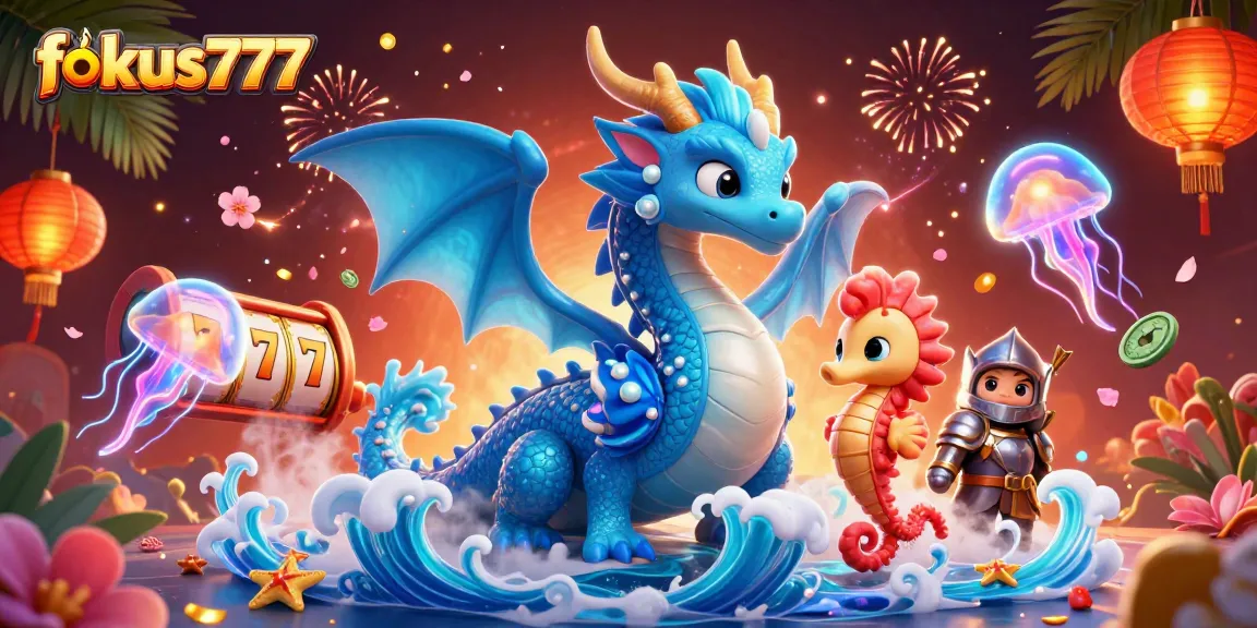 Engage with fokus777 as the azure water dragon leads the thrilling slots adventure amidst vibrant symbols.
