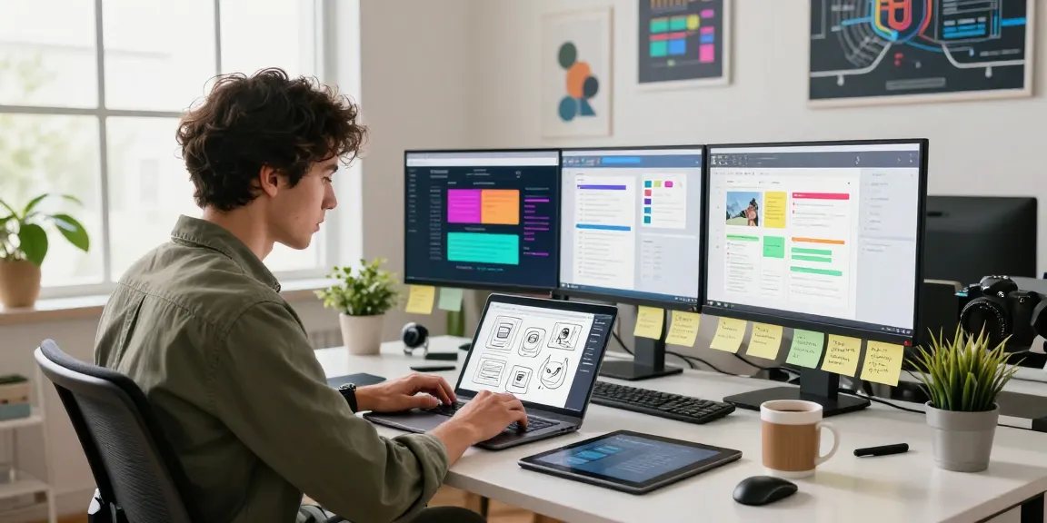 Designer working on ALO8APP.WIN interface with vibrant UI elements in a modern workspace.