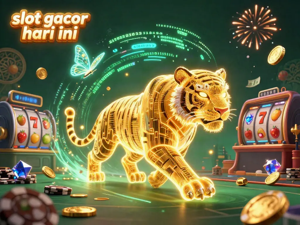 Experience the thrill of slot gacor hari ini with a vibrant 3D casino scene showcasing a golden tiger and dynamic slot reels.