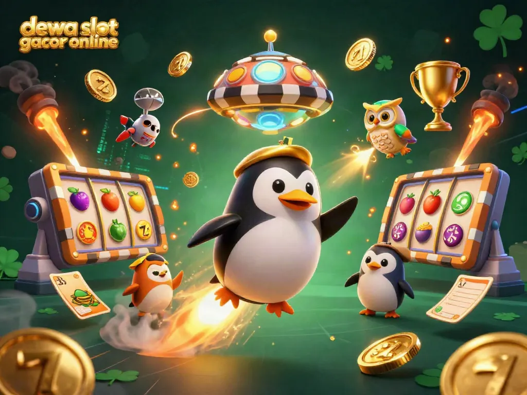 Raih kesenangan dengan dewa slot gacor online yang menampilkan simbol jackpot dan karakter ceria.
