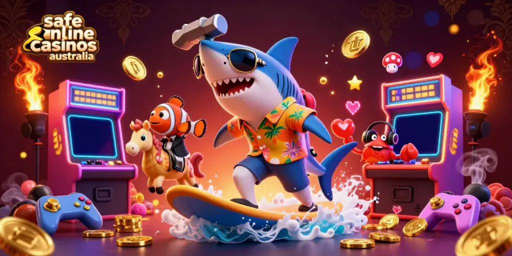 Engage with safe online casinos Australia through an action-packed 3D illustration of surfing shark and vibrant gaming elements.