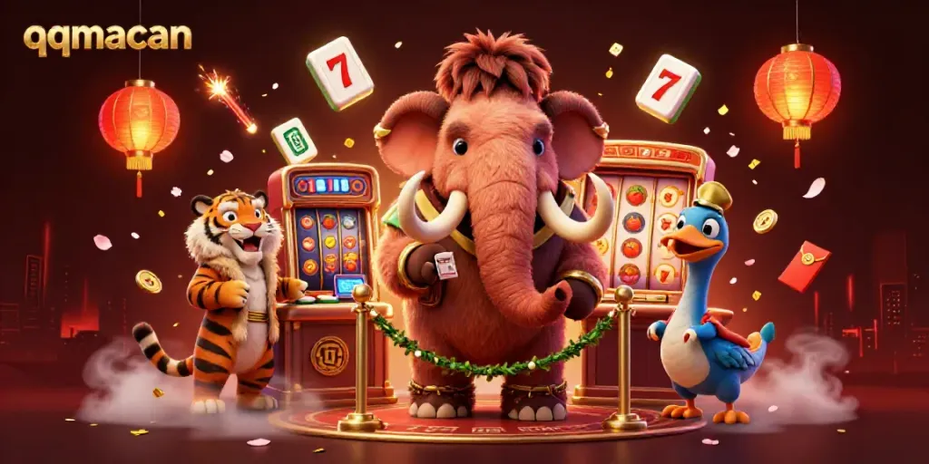 Experience excitement as the woolly mammoth bouncer checks IDs at qqmacan, surrounded by vibrant casino elements.