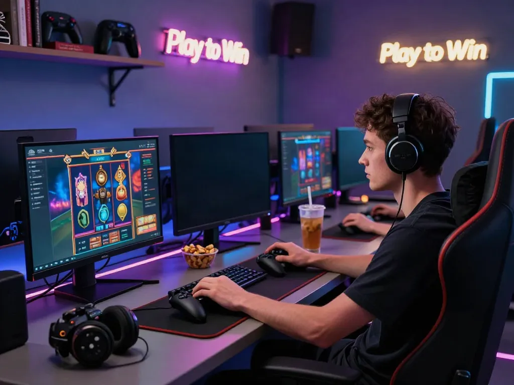 Akunjp gaming setup with vibrant slot games on multiple screens and ambient lighting.