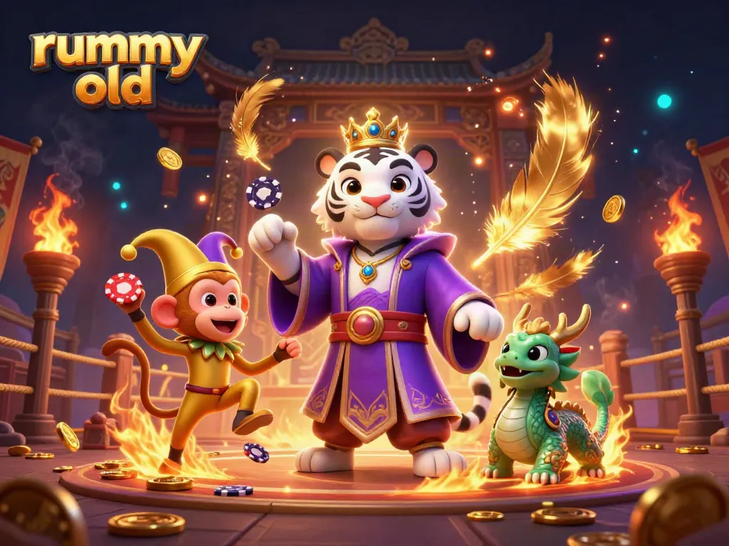 Experience thrilling gameplay with rummy old featuring an elegant tiger, playful monkey, and mystical dragon.