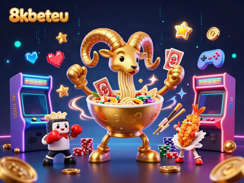 Engage in thrilling gameplay with 8kbeteu illustrated by a cute animated casino theme featuring a giant ramen bowl dealer.