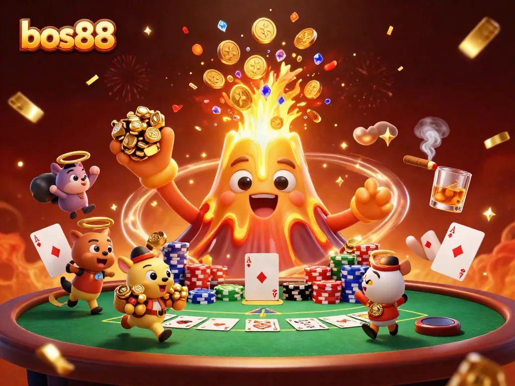 Experience the thrill of bos88 as the golden volcano erupts treasures amidst a vibrant casino scene.