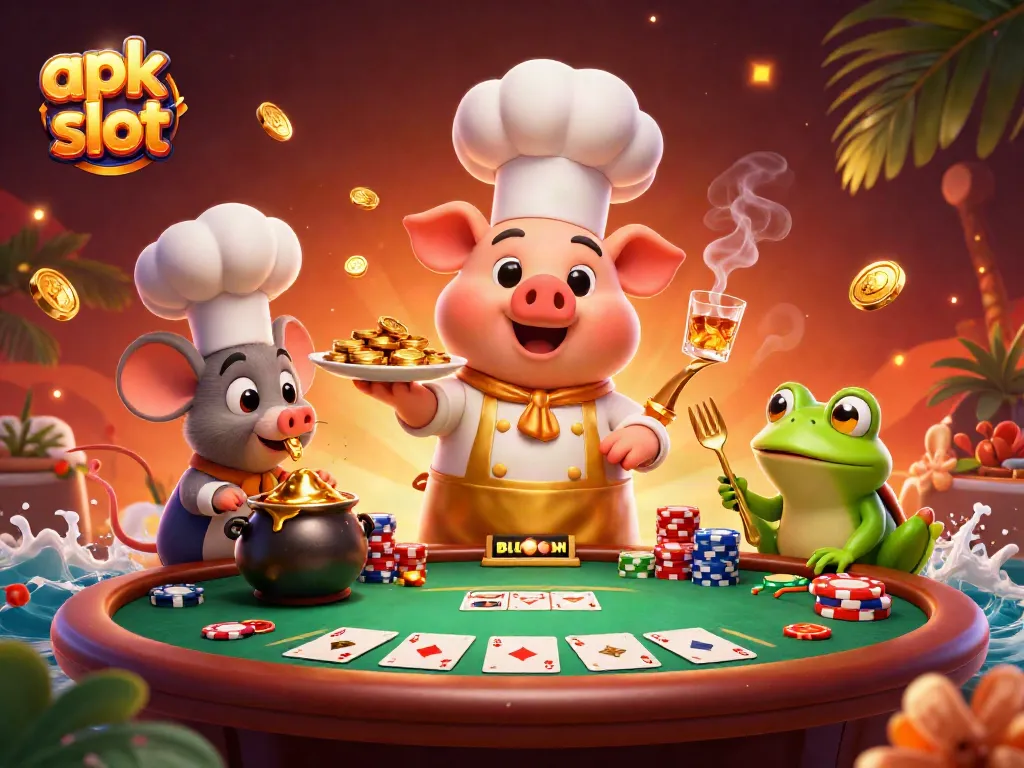 Memenangkan apk slot dengan chef babi dan juri katak dalamnya, penuhi suasana kasino.