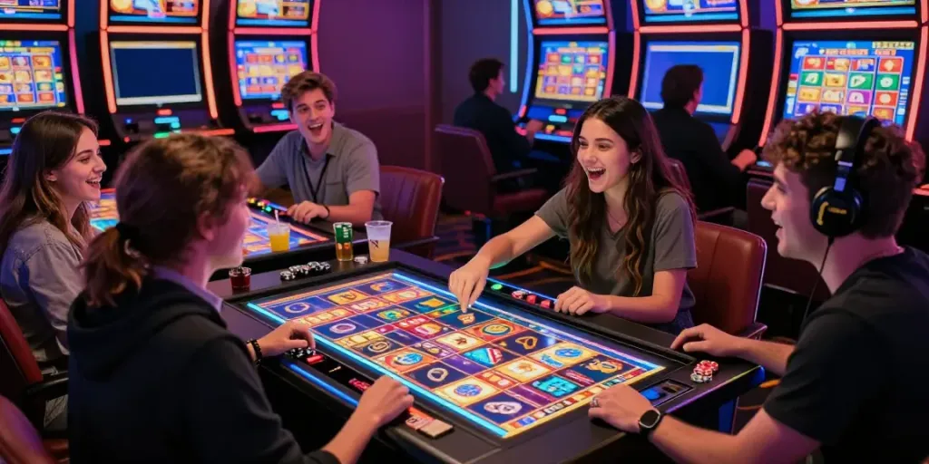 Players engaged in judi slot excitement at a vibrant online casino.