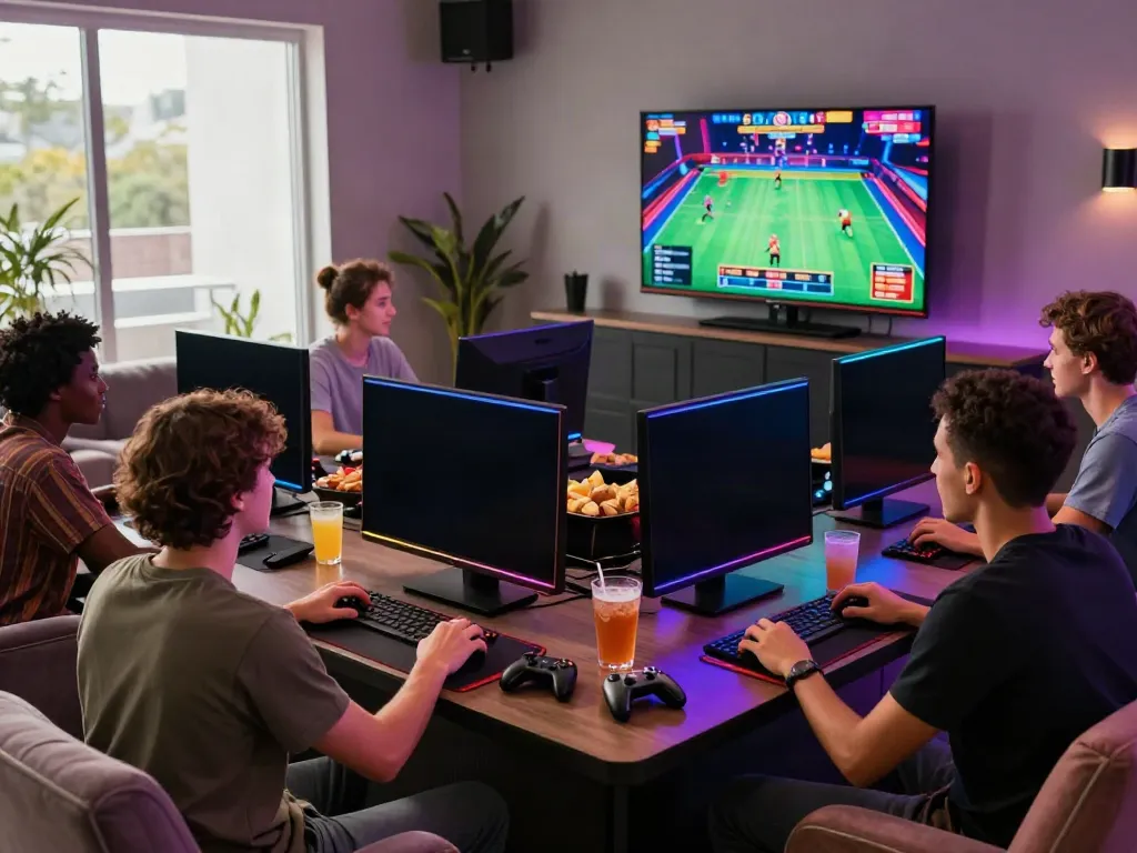 Friends enjoying a80 gaming sessions in a vibrant lounge with multiple screens and LED lights.