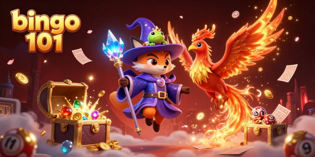Engage with the exciting bingo 101 environment featuring a wizard fox, phoenix, and enchanted treasure.