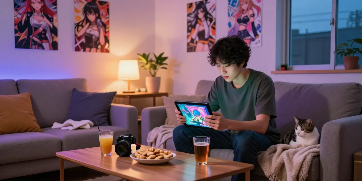 Player enjoying hentai games on a tablet in a cozy living room.