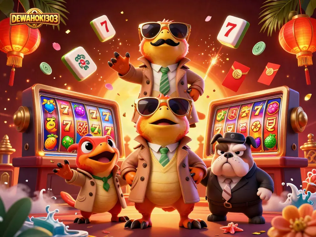 Dewahoki303 menghadirkan pengalaman slot online yang menarik dengan karakter kartun pemenang dan suasana kasino yang memukau.