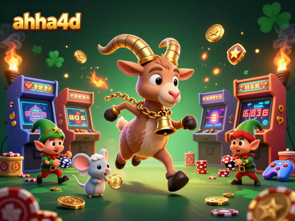 Menghadapi tantangan di kasino online ahha4d dengan suasana casino meriah dan elemen permainan menari.