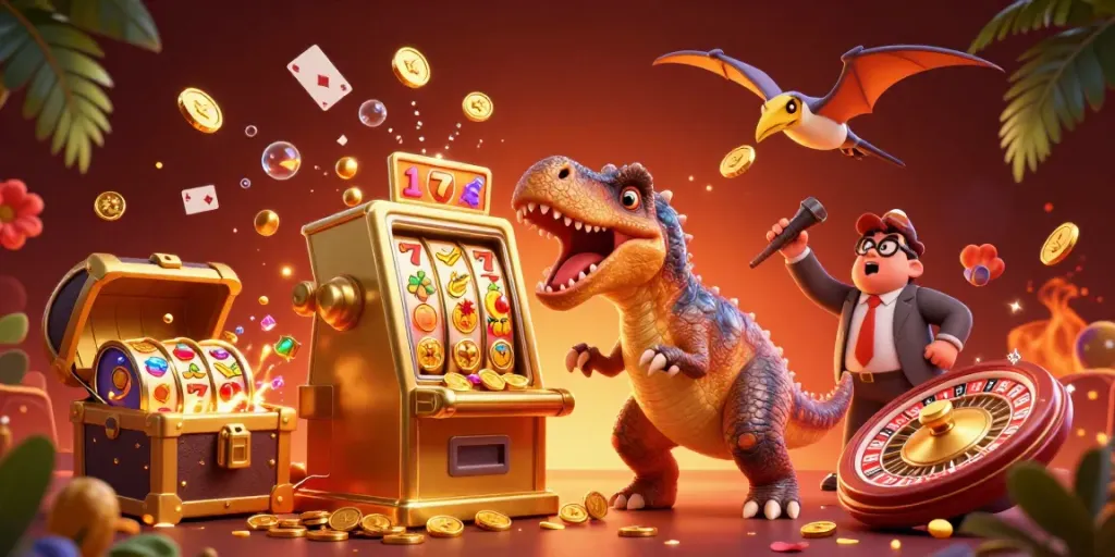 Permainan menarik di GWP168 dengan dinosaurus dan mesin slot emas yang mengeluarkan koin kemenangan.