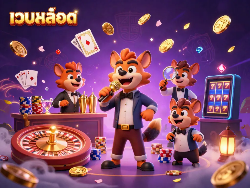 Engage with เว็บสล็อต through a lively casino scene featuring hyenas in a comedy club, celebrating with gold coins and vibrant gaming elements.