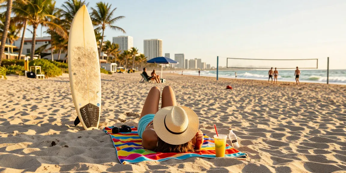Pengunjung di pantai Miami4D menikmati suasana Santai dengan minuman tropis dan papan selancar.