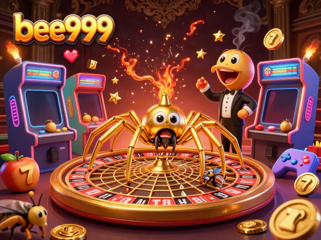 Experience thrilling action in bee999 with a 3D golden spider and a nervously betting fly amidst vibrant casino elements.