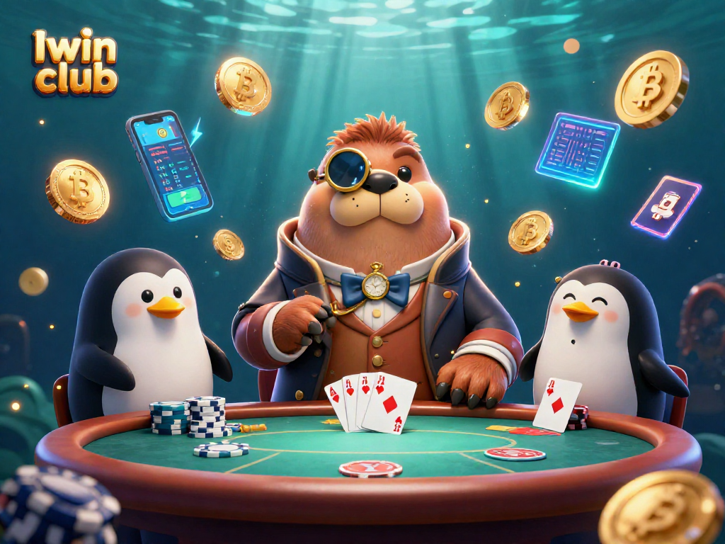 Iwin club showcases a jolly walrus at an underwater poker table set in a vibrant, dynamic scene.