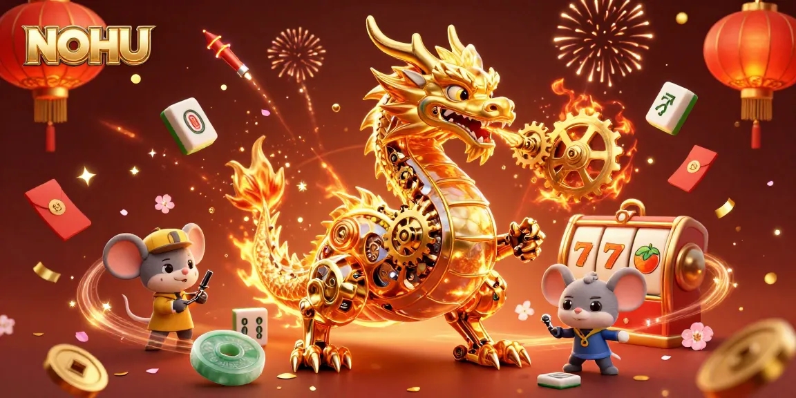 Engage with NOHU's vibrant digital casino scene featuring a golden dragon and gaming symbols
