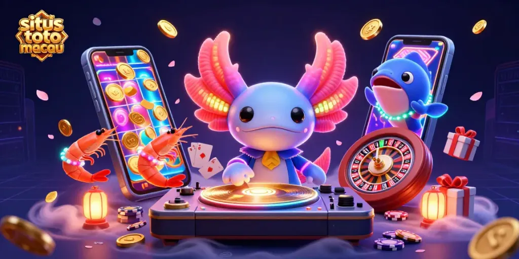 Permainan situs toto macau menarik dengan gambar 3D karakter kartun neon dan elemen slot yang dinamis.