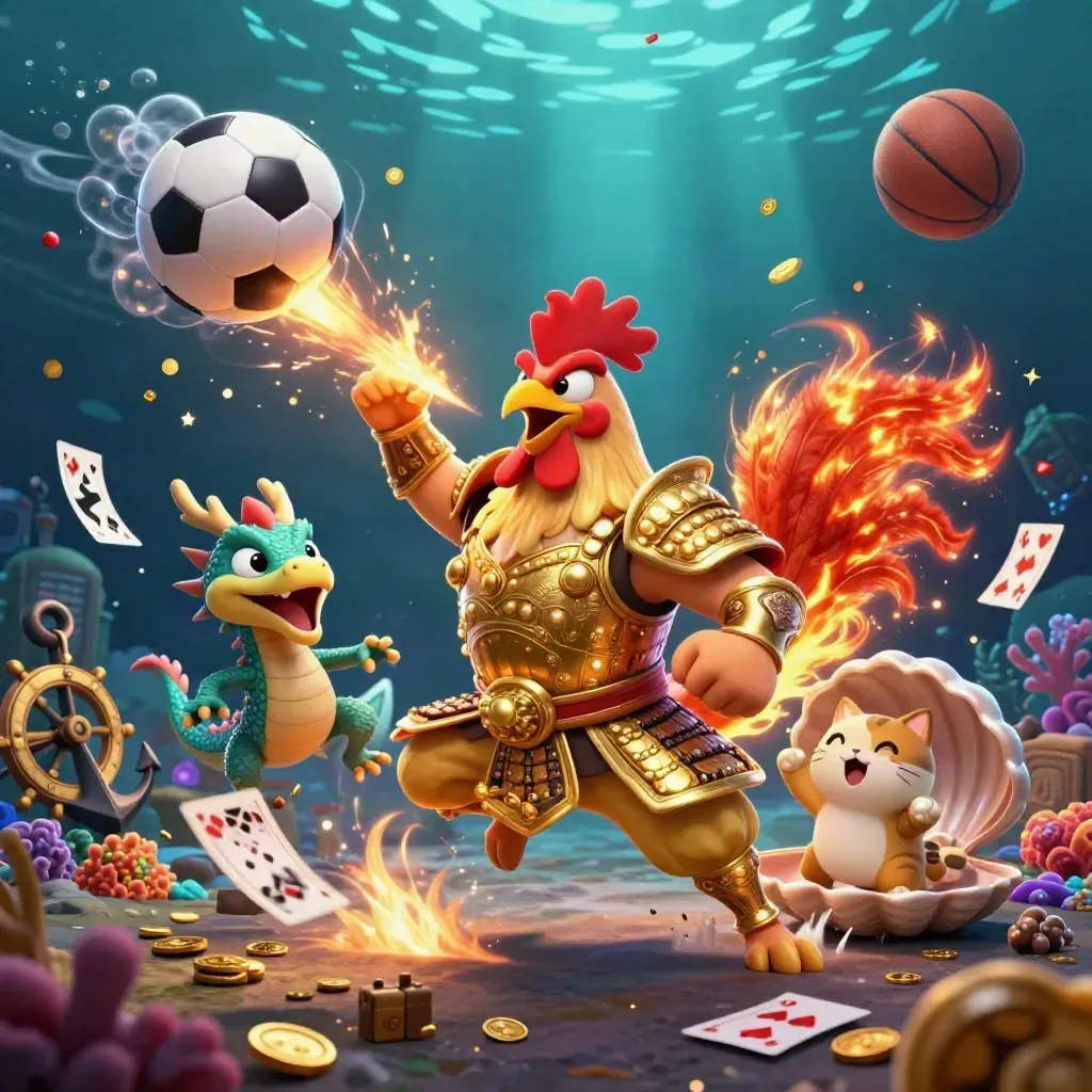 Rooster warrior, dragon hatchling, and fortune-cat amid coins, balls, and bubbles underwater.