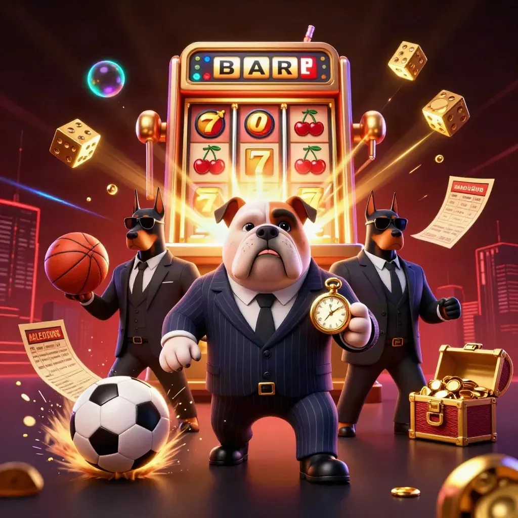 Bulldog and Doberman bodyguards amid flying casino icons, soccer ball, and gold-lit sports energy.
