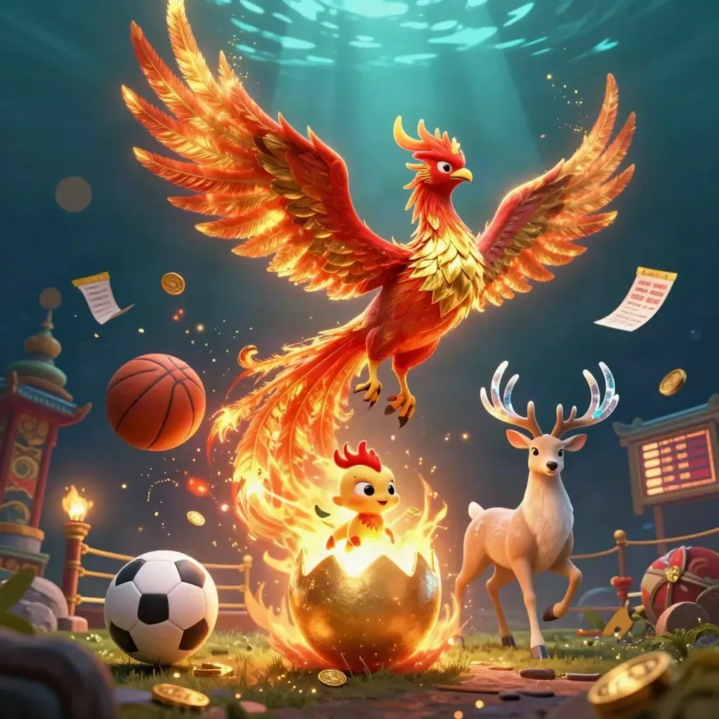 Phoenix, stag, and hatching baby phoenix amid casino sports props, coins, and temple lights.