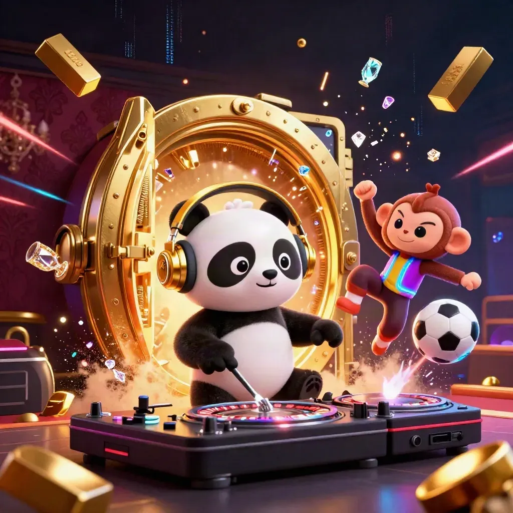 Panda DJ, breakdancing monkey and glow kitten amid flying balls, gold treasure and casino lights.