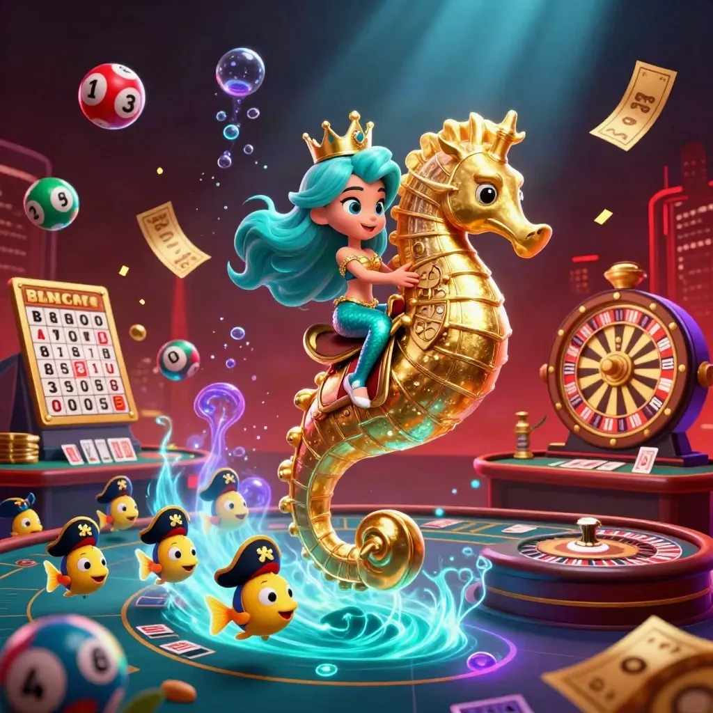 Mermaid princess on a golden seahorse amid casino games, glowing bubbles, and neon luxury.