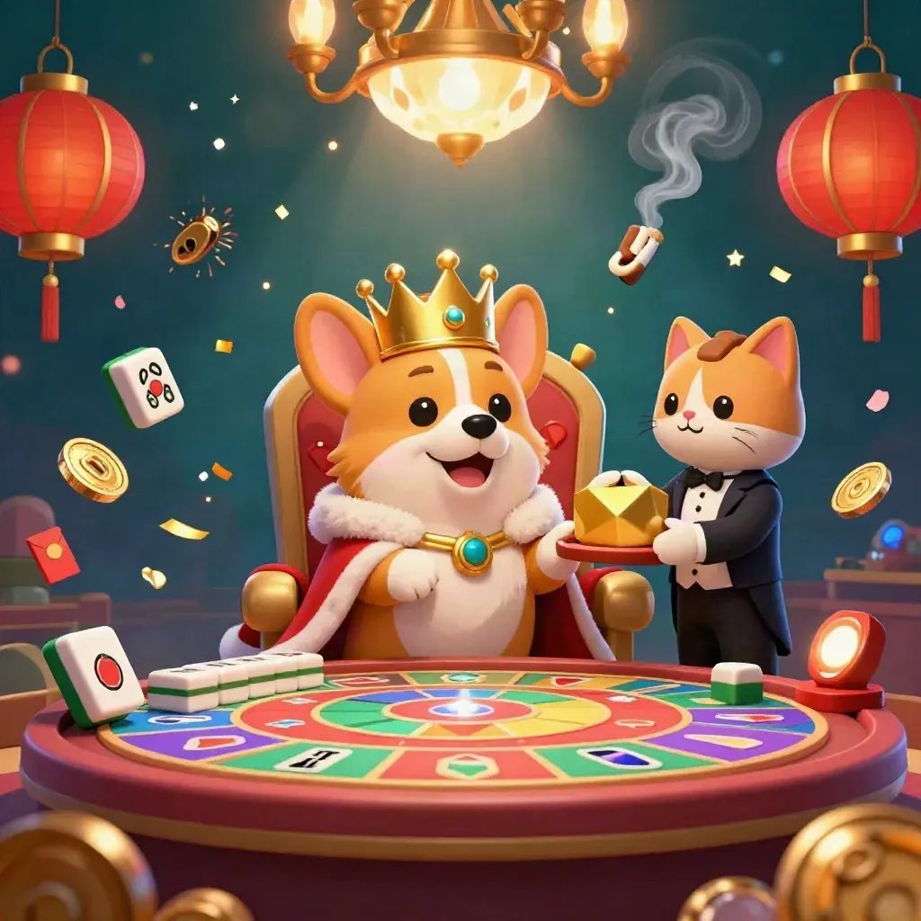 Royal corgi and cat butler amid casino treasures, lanterns, jade coins, and glowing teal light.