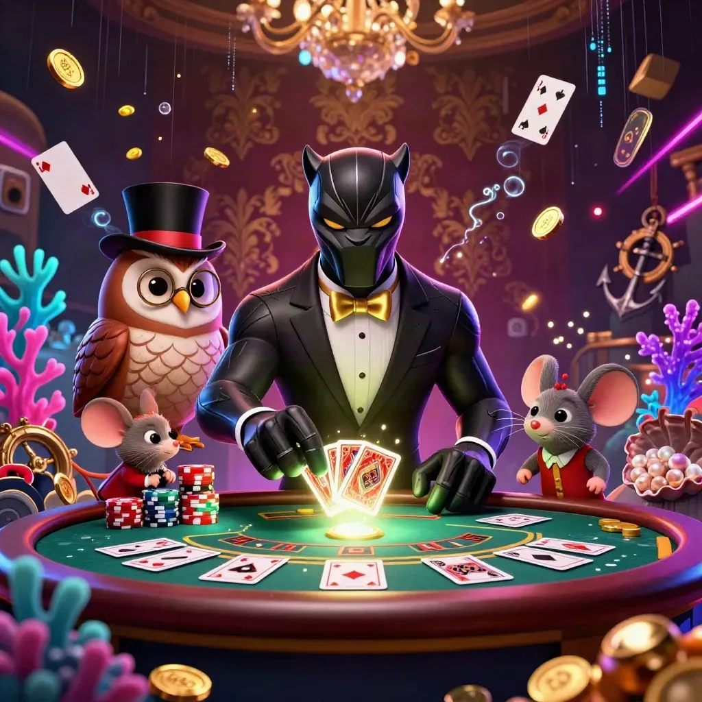 Panther, owl, and mouse in a luxe casino-treasure scene with glowing chips and chandelier light.