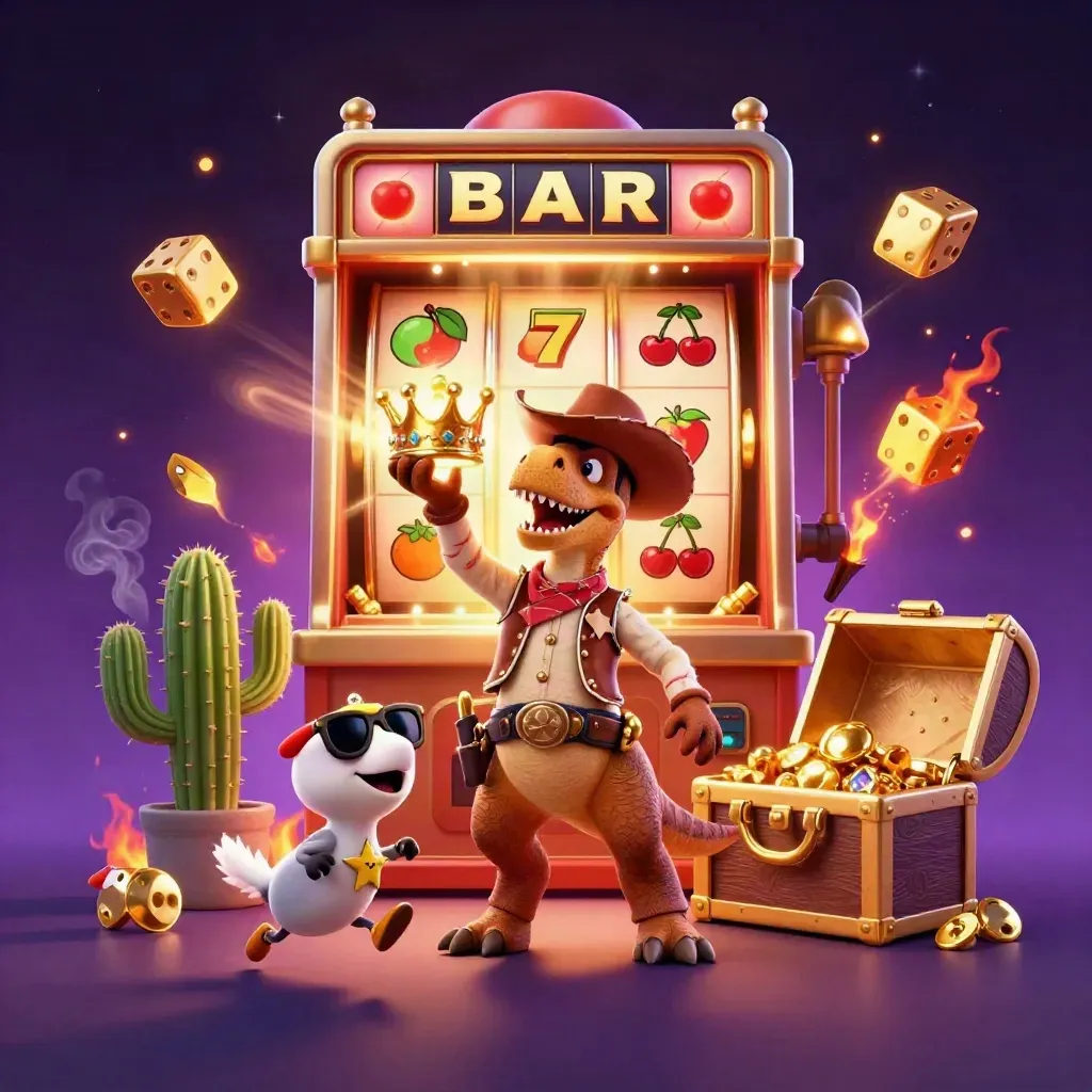 Cowboy T-Rex, cactus sidekick, and roadrunner amid a bursting slot machine and gold treasure.