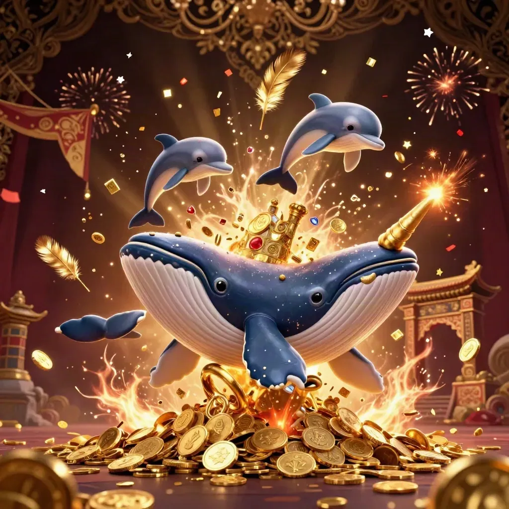 Whale captain, narwhal and chip-trick dolphins erupt from coins with gold bursts and casino magic.