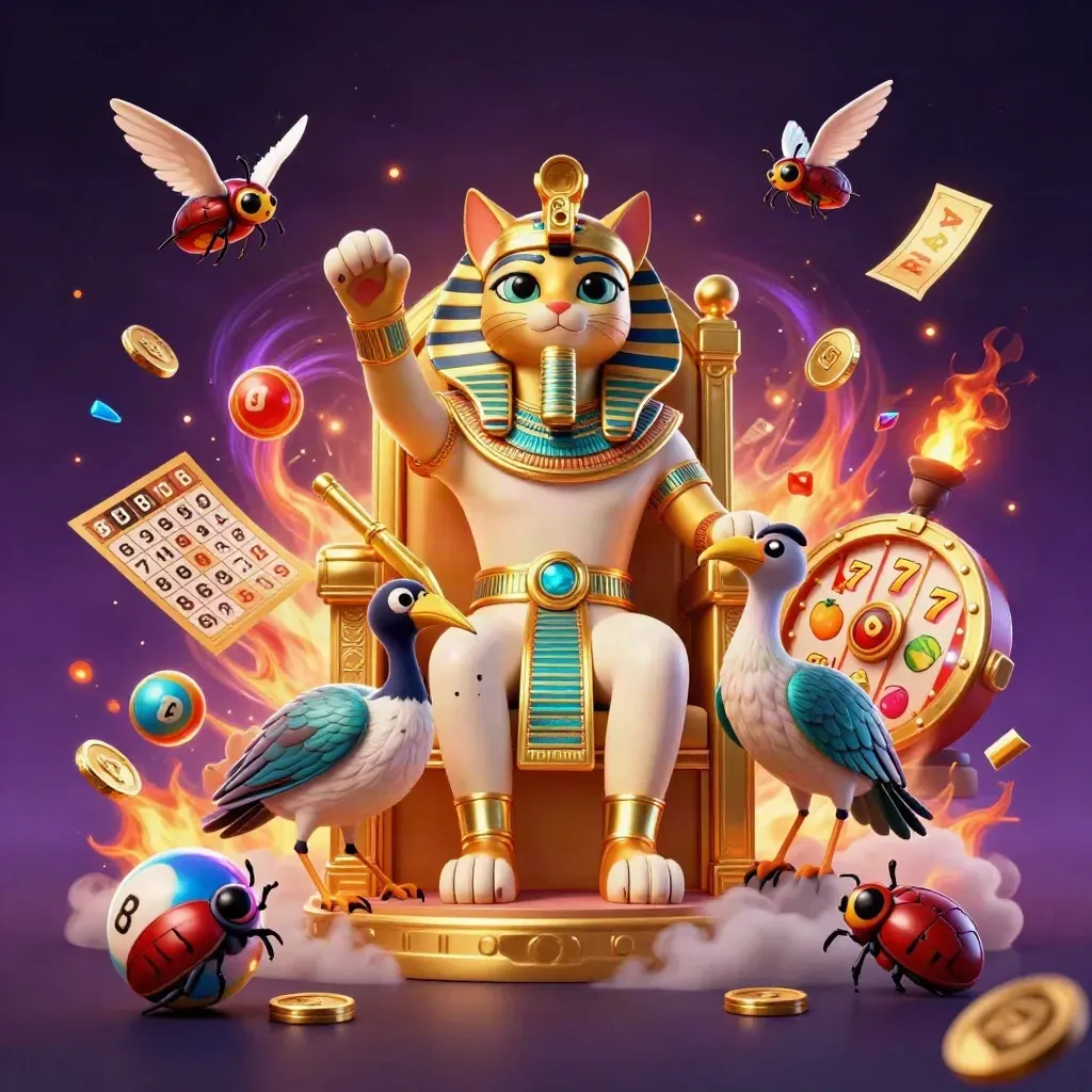 Pharaoh cat, ibis scribe, and scarab beetles amid casino loot and glowing gold chaos