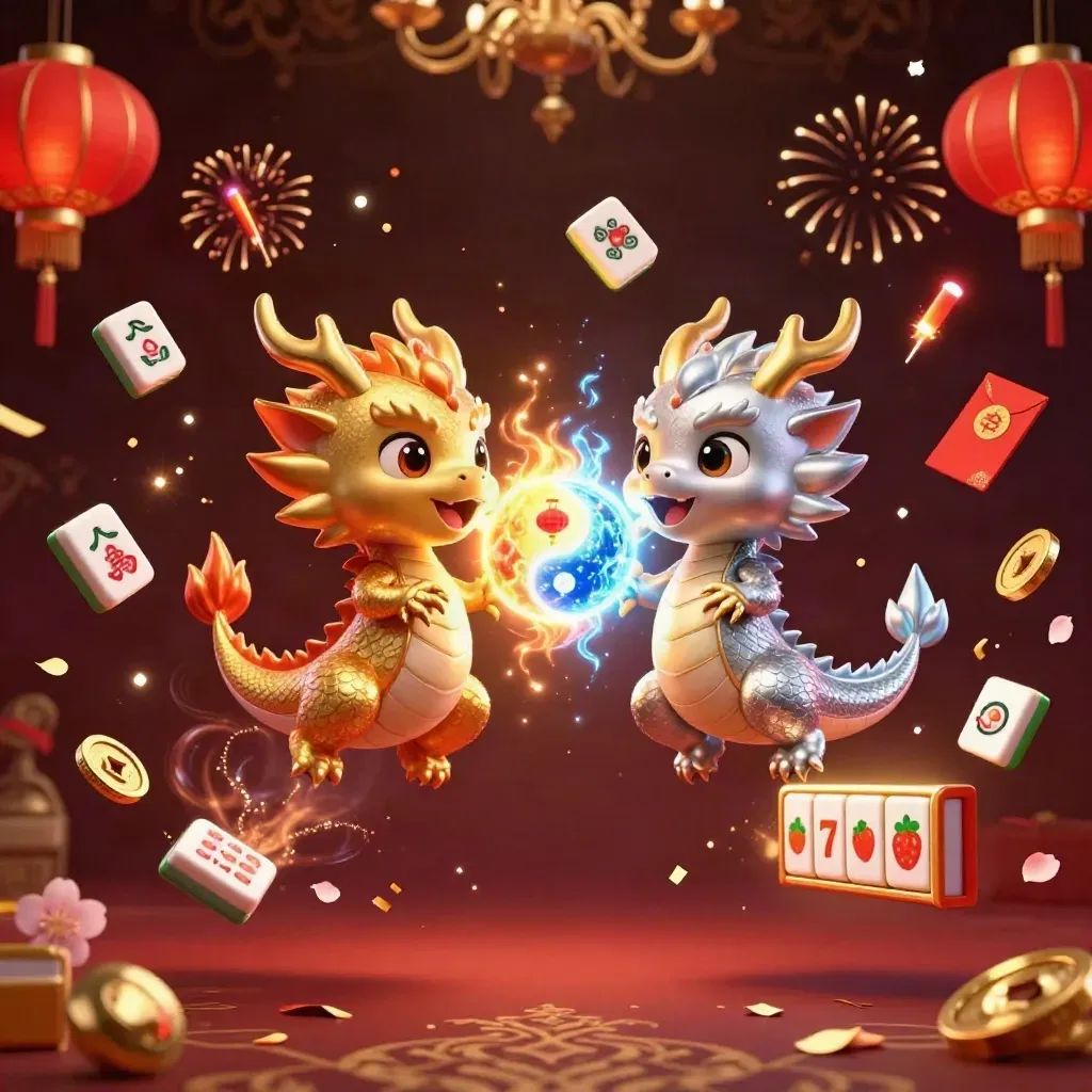 Gold and silver dragons spiral around a lantern spirit amid jade coins, lanterns, and fireworks.