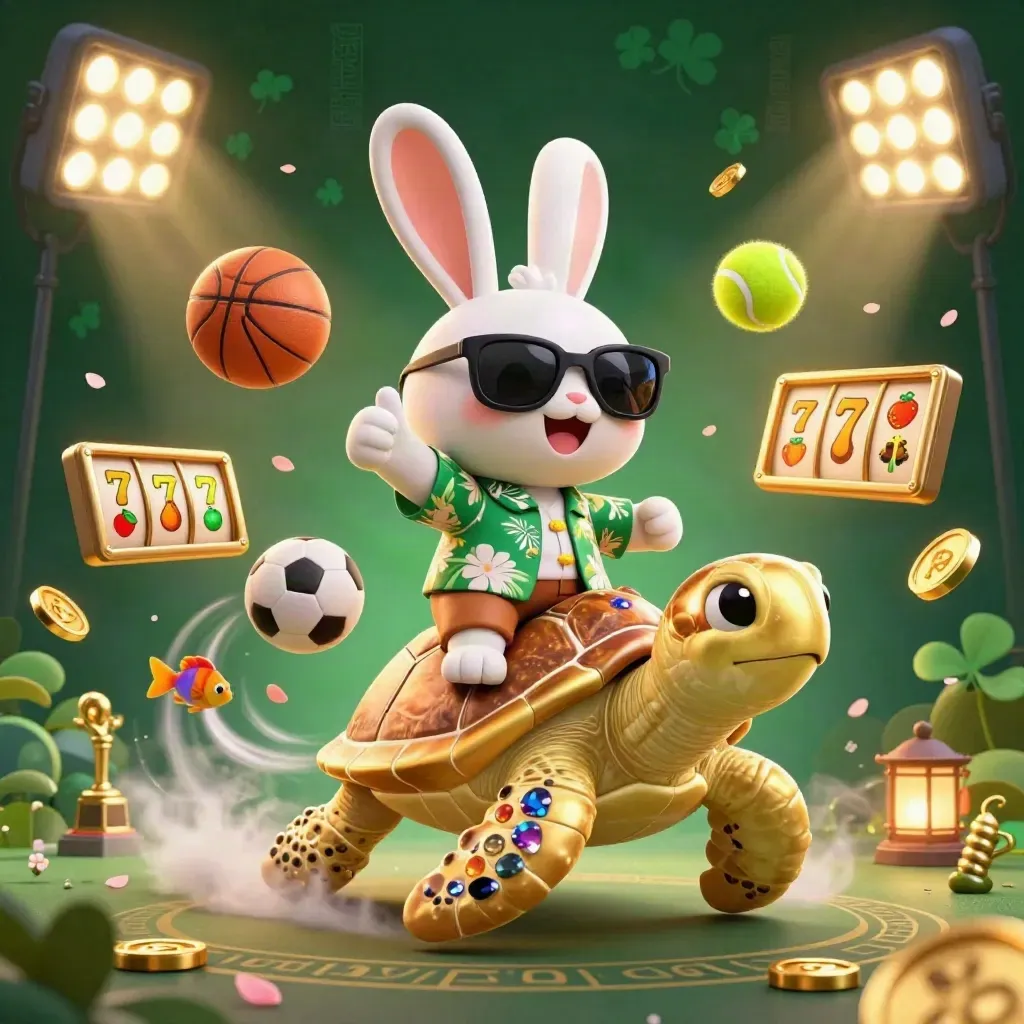 Cartoon rabbit on a golden sea turtle amid sports balls, coins, floodlights, and casino magic.