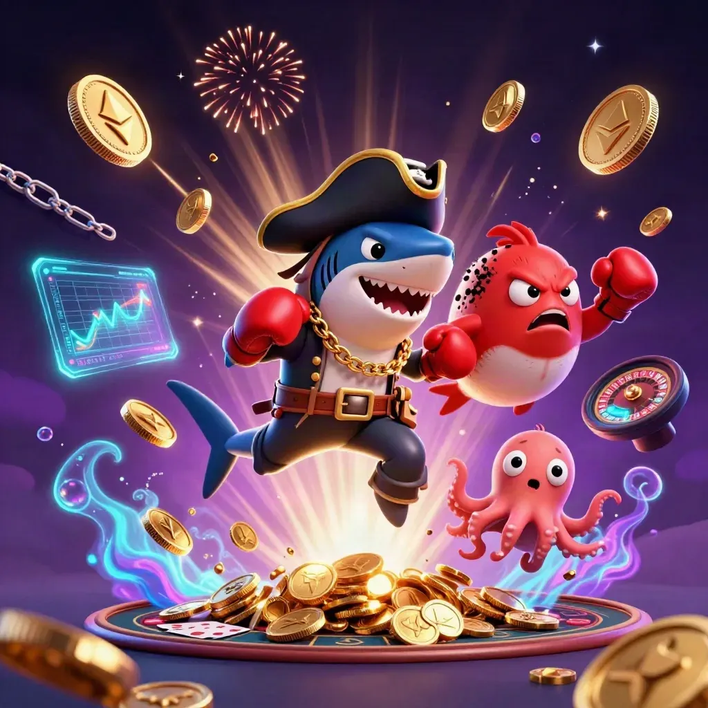 Pirate shark, boxing pufferfish, and coin-juggling octopus amid neon casino treasure