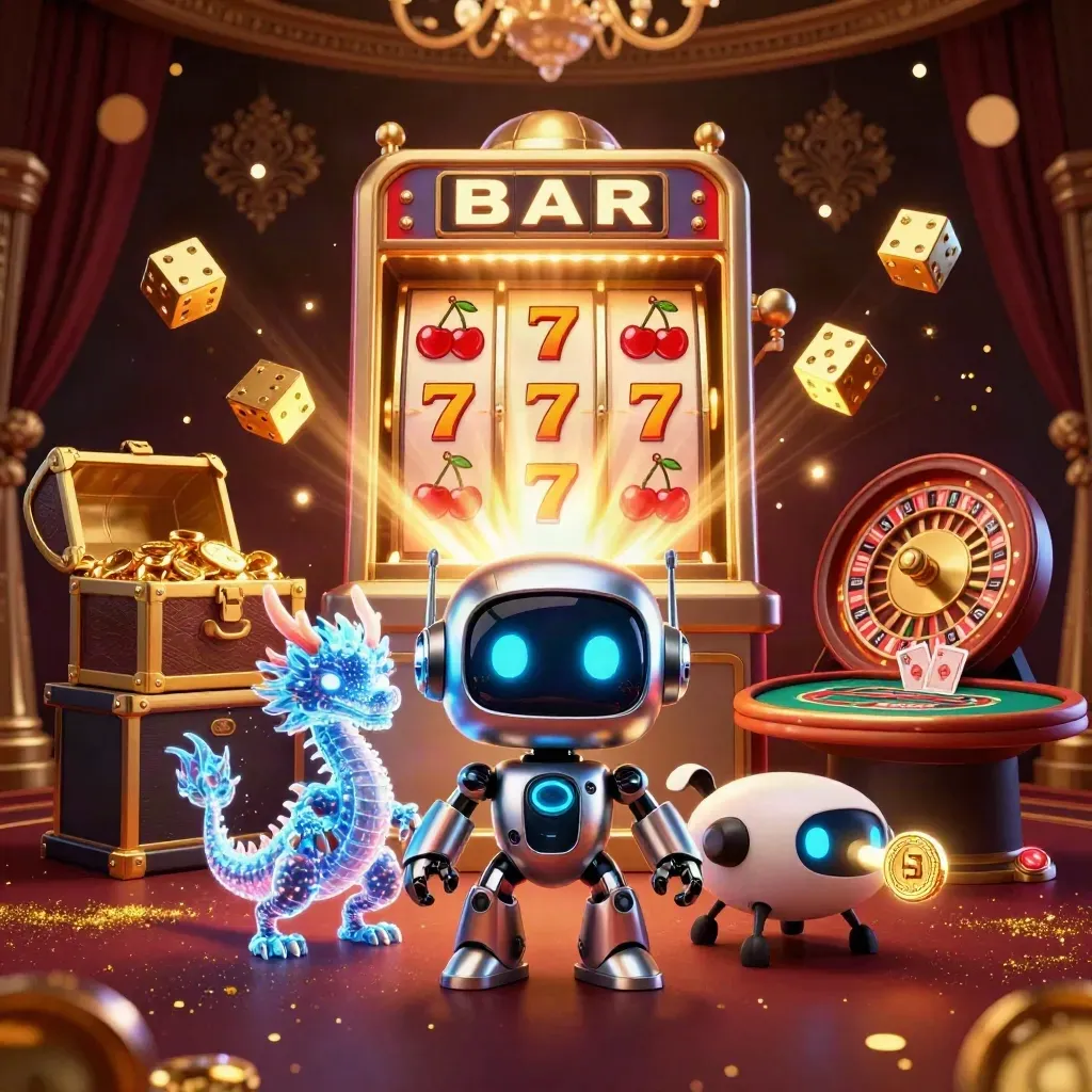 Cyberpunk robot, holographic dragon and coin drone amid a casino jackpot burst, coins, cards and fireworks.