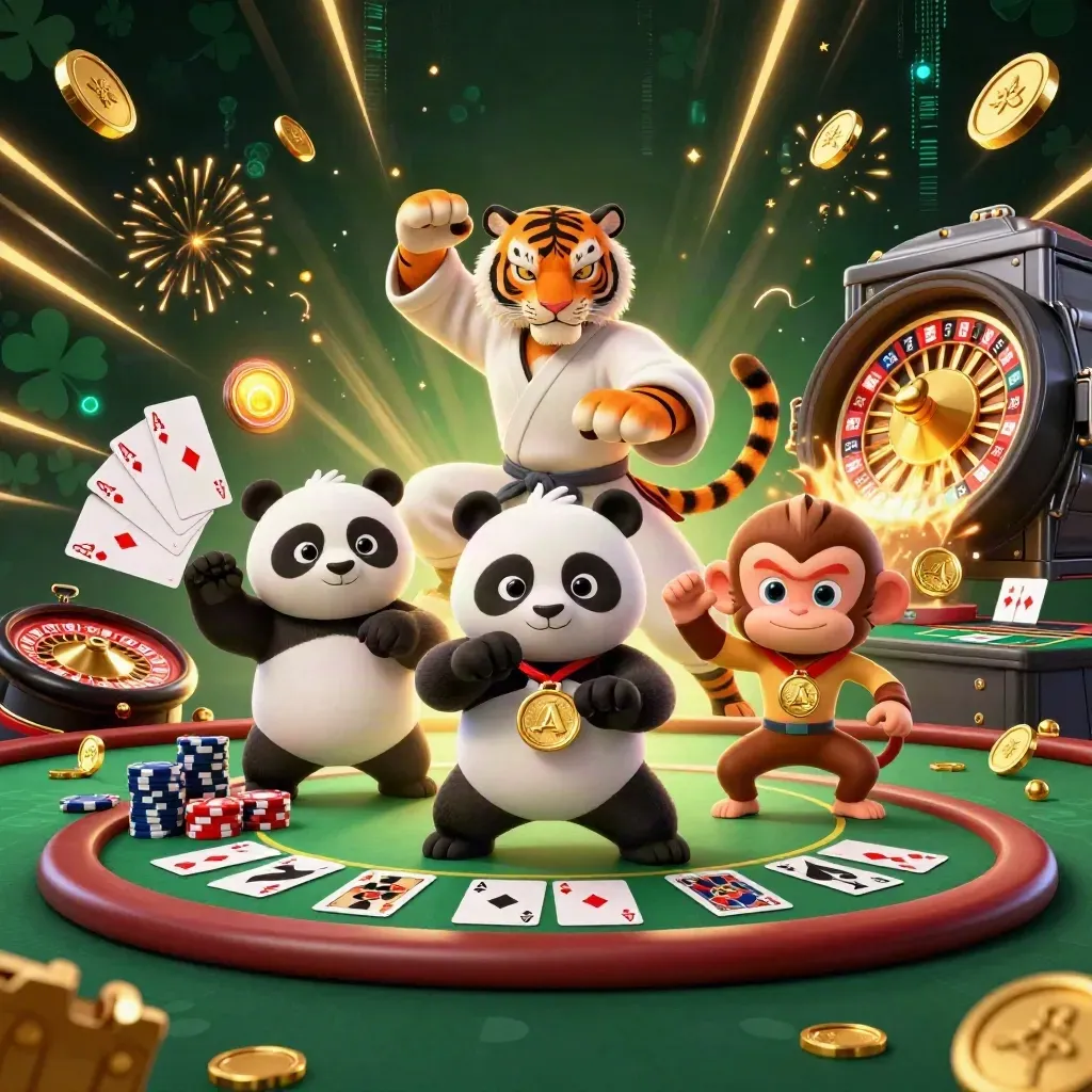 3D tiger, panda, and monkey casino heroes amid coins, chips, cards, fireworks, emerald glow.